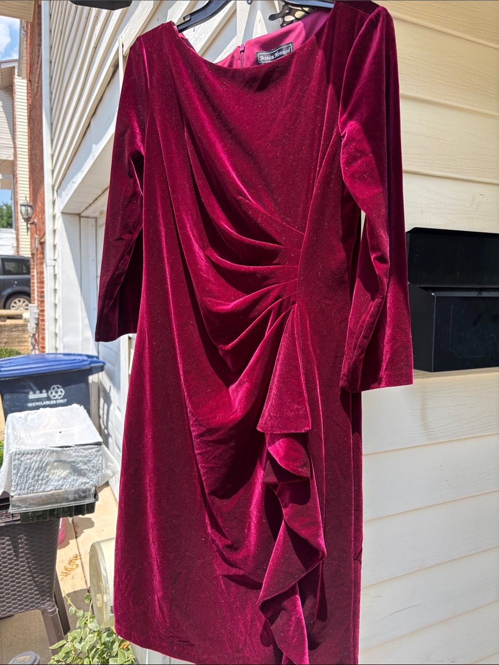 Jessica Howard Wine Red Velvet Long-Sleeve Draped Ruffle Dress
